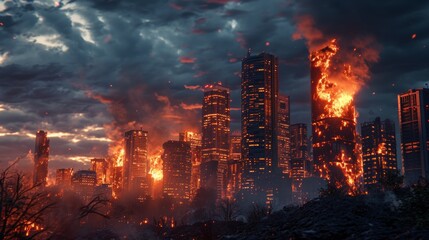 Big fire burning in the city at night.