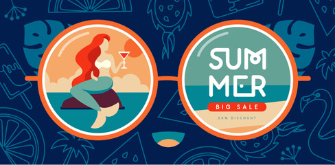 Fototapeta premium Retro flat summer big sale poster with round sunglasses silhouette, mermaid and cocktail. Vector illustration