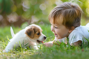 Young cheerful toddler boy lying in grass with puppy dog and laughing, Kids with pets concept, Generative AI