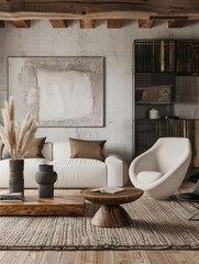 Minimalist interior design of modern living room with rustic accent pieces. Created with generative AI