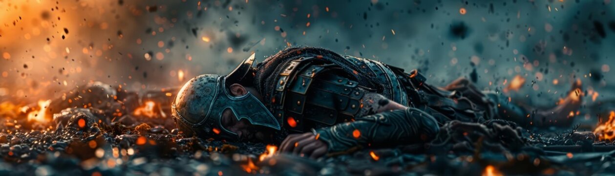A lone warrior lies defeated on the battlefield, his armor shattered and his sword broken. The once proud conqueror now lies at the mercy of his enemies.