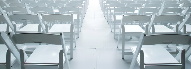 Row of White Plastic Chairs, White Chairs Arranged Neatly