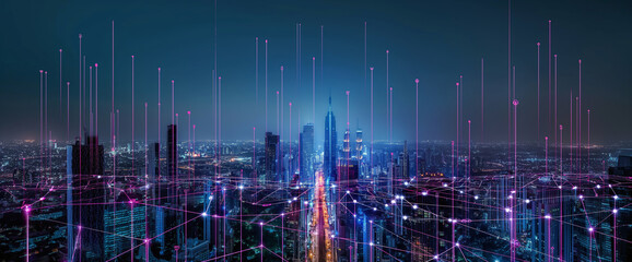 Fototapeta premium Abstract cityscape with digital data and connections