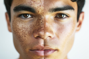 Obraz premium Split face portrait of young mixed race male, before and after acne treatment
