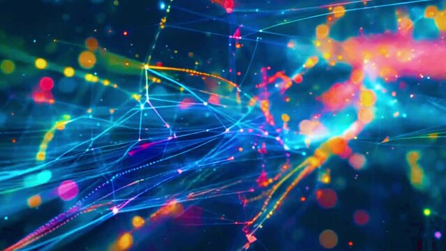 Visualize various sources such as sensors, databases, and user inputs providing raw data streams, represented by colorful lines or particles flowing towards the neural engine, 4K High-Quality Video