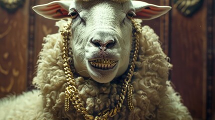 Rapper sheep wearing gold necklace and dentures