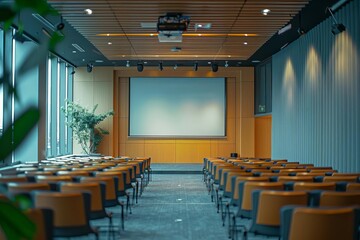 Design a modern conference room. The room should be able to accommodate 50 people. It should have a projector and a screen, as well as a sound system. The room should be decorated in a professional