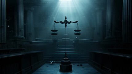 Scales of Justice in the dark Court Hall. Law concept of Judiciary, Jurisprudence and Justice. Copy space. Based on Generative AI
