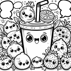 Obraz premium Cartoon Fruit Characters with Cup Coloring Page