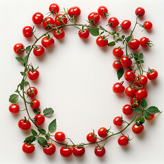 Frame of vibrant delicious ripe red cherry tomatoes, on a white background, free place fot text, for design, advertising and food packaging decoration