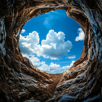 View from a deep hole in the ground up to the blue sky with clouds, unusual angle