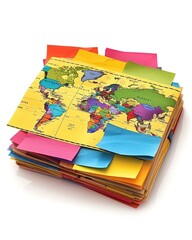 A world map with colorful sticky notes. The notes are in different colors and sizes. They are placed all over the map.