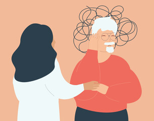 Nurse or social worker helps or looks after a senior man with Alzheimer illness. An elderly person has dementia and amnesia get a special support. Memory loss and mental health disorder concept.