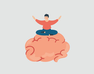 Happy man with positive mental health and wellbeing setting on a big brain. Male with healthy mind and strong mentality practices yoga. Mental health prevention, creativity and rehabilitation concept.