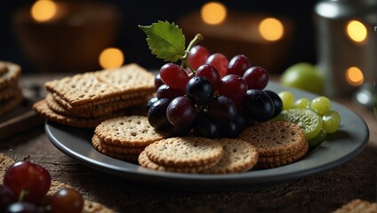 A plate of food with crackers, olives and grapes,. - Powered by Adobe