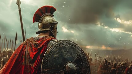 A spartan warrior stands tall and proud, his bronze armor gleaming in the sunlight