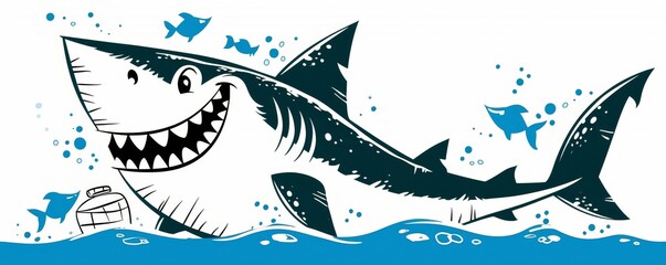 Brightly colored shark with a big smile, cartoon style, simplified and stylized, ideal for childrens book
