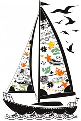 Brightly colored sailboat in cartoon style, playful waves, simplified design, ideal for a fun nursery poster
