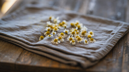 Chamomile flowers placed for drying on a fabric - close up