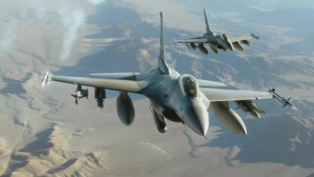 Fighter jets soar over desert terrains, showcasing aerial maneuvers and speed. A display of military aviation and power.