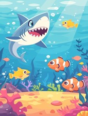 Fototapeta premium Friendly shark in pop colors, cartoon look, simplistic design for kids illustration, undersea adventure