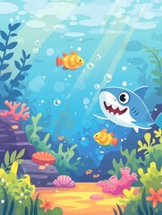 Obraz premium Friendly shark in pop colors, cartoon look, simplistic design for kids illustration, undersea adventure