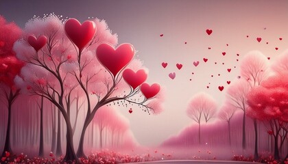 Valentines day background. Tree with red heart shape leaves on branches. Fantasy forest, park on pink background with copy space for text with white background