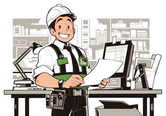 Animated worker at a computer, detailed office background, cartoon style with a light and humorous touch