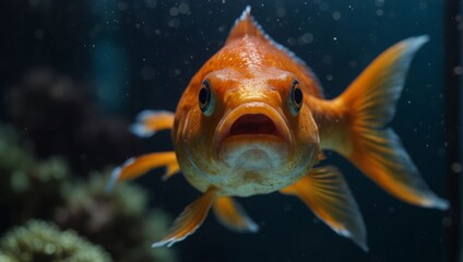 Close-up of a fish with his mouth and eyes wide open. Goldfish swimming in a aquarium representing aquatic, underwater life and wildlife.