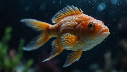 Close-up of a fish with his mouth and eyes wide open. Goldfish swimming in a aquarium representing aquatic, underwater life and wildlife.