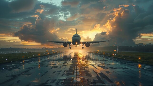 passenger plane fly up over take-off runway, concept 