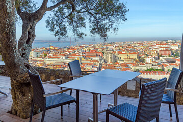 panoramic photo of the cityscape of Lisbon and the Tagus river on a sunny day