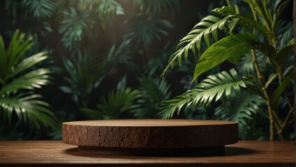 Product display podium for natural product. Empty scene with tropical leaves.