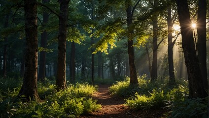 Obraz premium Renewed woodland vibrant foliage and sunlight beams.