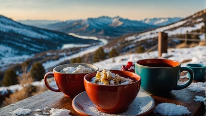 Romantic Breakfast in the Snow, Mountain View with Food, Nature Camping, Ski Resort Hotel Breakfast...