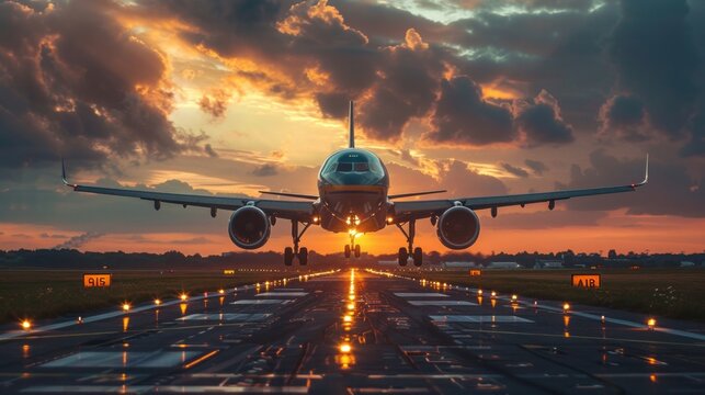 passenger plane fly up over take-off runway, concept 