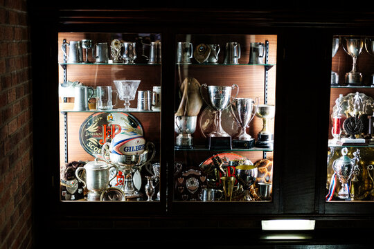 Newcastle upon Tyne UK: 7th Oct 2023: A rugby Club trophy cabinet display case