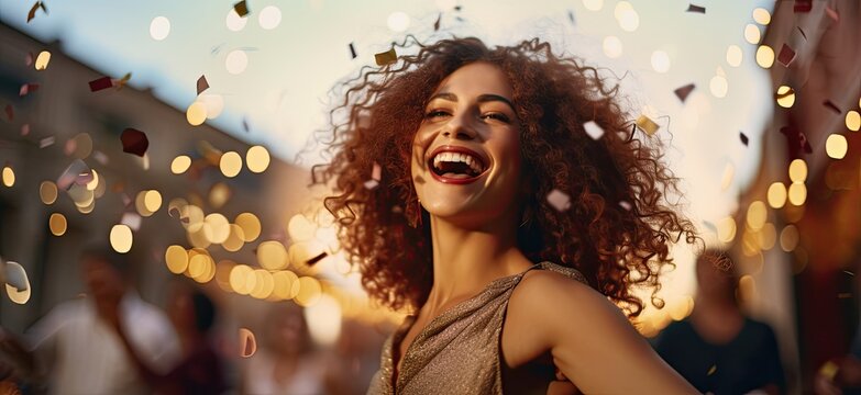 With a radiant smile, a woman adds to the jubilant ambiance by tossing colorful confetti into the air, creating a scene brimming with happiness.