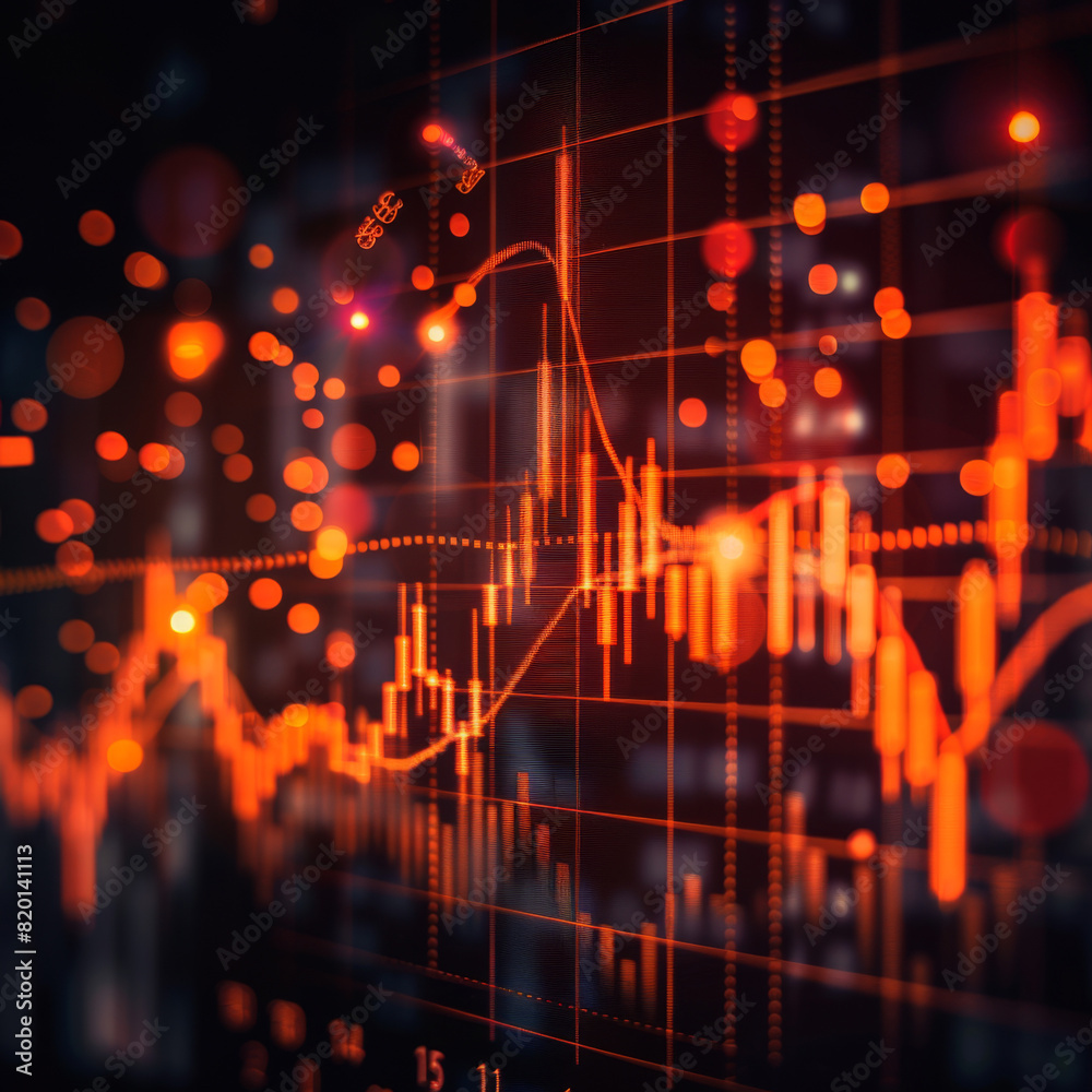 Poster a dynamic visualization of financial data in red tones, featuring charts and graphs illustrating sto