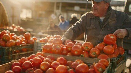 Farmers unload organic tomatoes from crates outside a grocery store, fresh from the field.