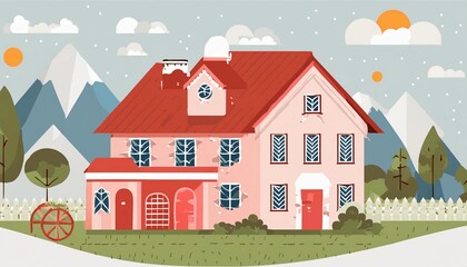 Naklejka premium nice private house on a background of mountains - illustration