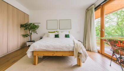 Fototapeta premium cozy and modern minimalist light bedroom with posters (with white walls) - natural amateur realistic photography