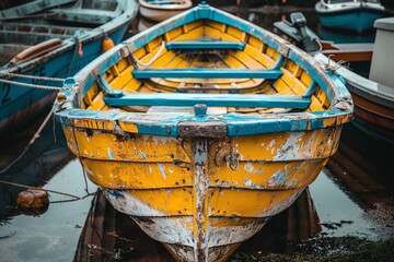 Obraz premium The impact of weather on fishing, Worn yellow and blue rowboat rests on calm waters, reflecting its vibrant, peeling paintwork and a sense of quietude.