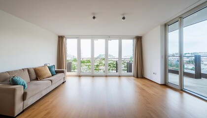 Obraz premium large empty bright apartment with a large room, a large window and access to a balcony and a beautiful view