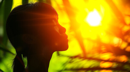 a relaxed woman breathing fresh air in a green forest