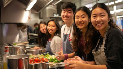 Group of smiling students in cooking class, having so much fun