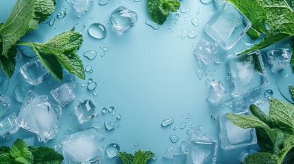 Elegant and fresh, this image showcases mint leaves and ice cubes with sparkling water drops on pastel blue backdrop