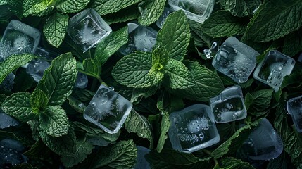 Juicy fresh mint leaves contrast beautifully with ice cubes on a dark backdrop. Refreshing and vibrant banner. - Powered by Adobe