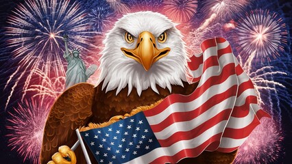 Bald Eagle with usa flag and fireworks in background, independence day, fourth of july