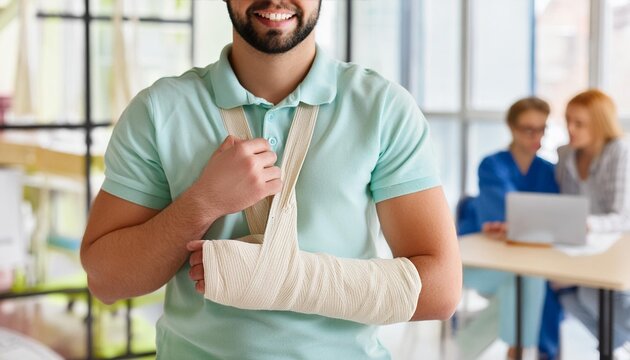 broken arm in plaster cast in hospital room